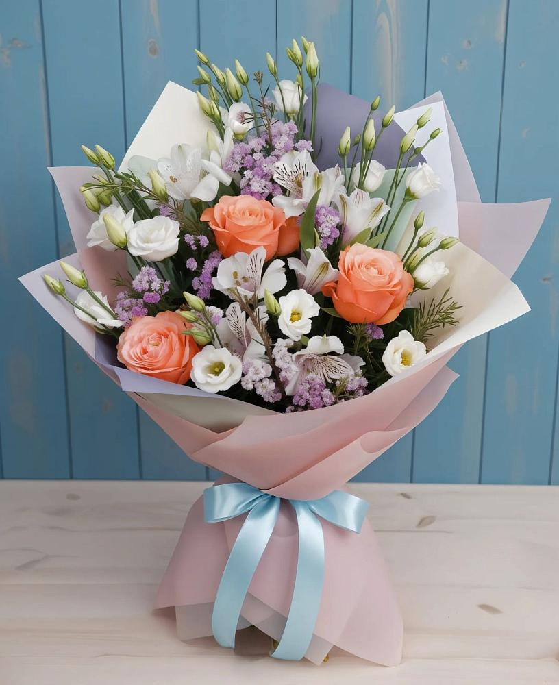 Букет цветов из: Лизиантусы, Розы, Альстромерии и Гипсофила в Месягутово